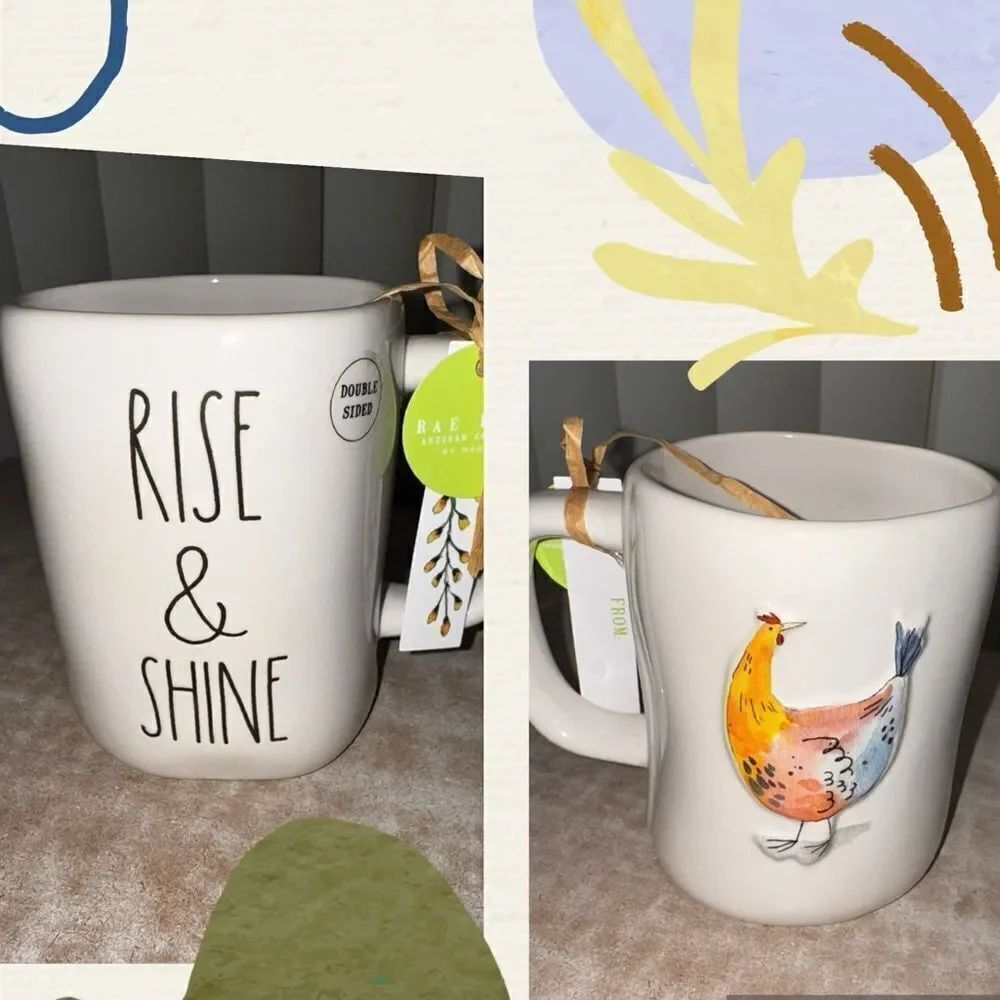 Rae Dunn 2 sided hand painted White Mug with Rooster Design